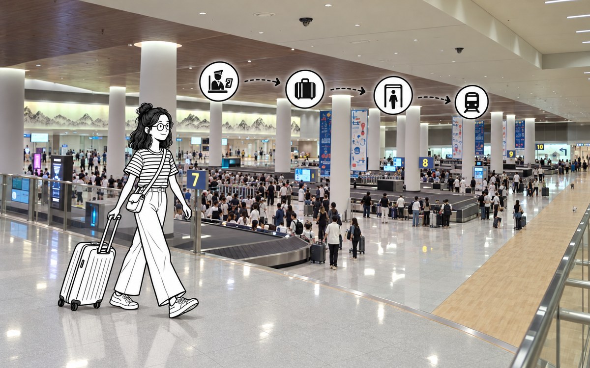 Traveler moving in order from immigration to baggage claim, customs, and the airport arrival hall