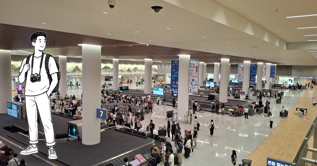 Traveler organizing a phone, transport card, and Korean won after arriving at Incheon Airport