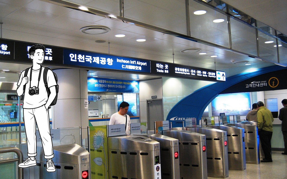 Traveler with a camera comparing a train ticket and a transport card in an Incheon Airport transportation center