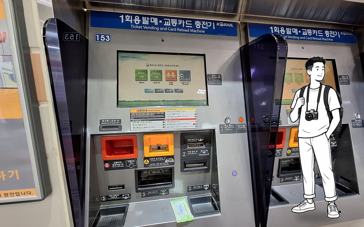 Traveler with a camera using Korean won to load a physical transport card at an airport convenience store